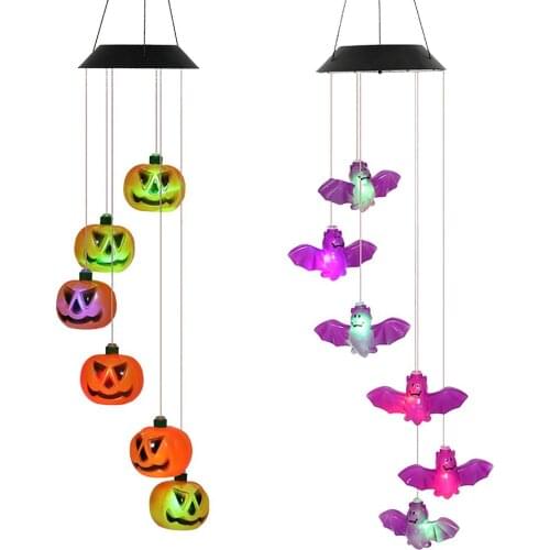 Solar Wind Chime Lights Courtyard Colorful Hanging LED Lamp Pumpkin Wind Chime Lights Halloween LED Solar Bird Lamp Ornament