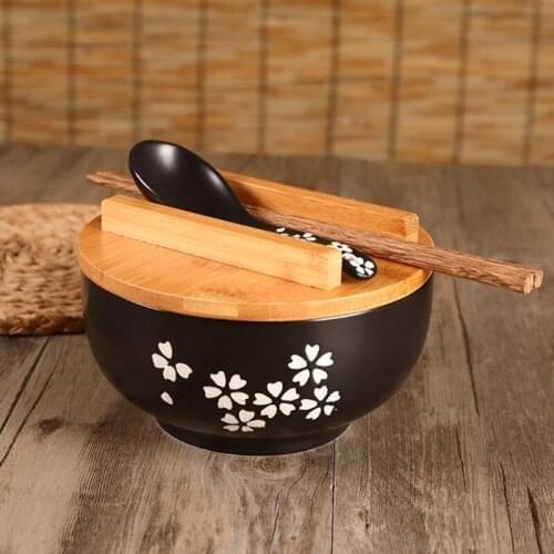 Japanese Style Crockery Bowl Korean Vintage Noodles Rice Bowls Ceramic Instant Noodle Bowl Chopsticks Lid Spoon Pad Kitchen