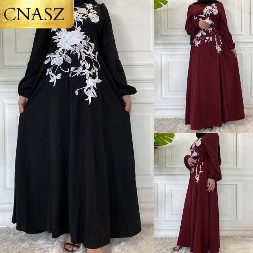 2021 Latest Embroidery Muslim Women Maxi Skirt Dubai Bangladesh Fashion Dress For Women Turkish Islamic Long Sleeve Clothing
