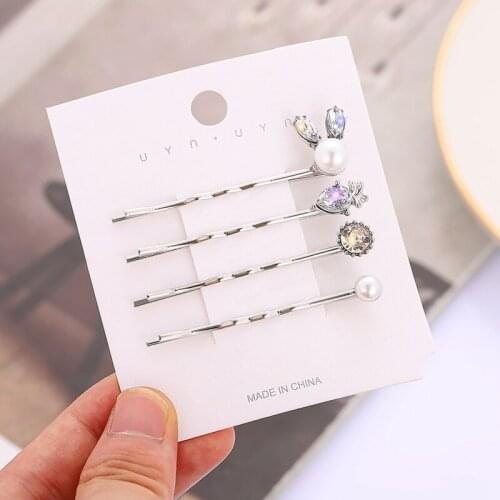 4pcs/set Korean Crystal Rhinestone Hairpins Women Metal Rabbit Rhinestone Hair Clips Student Girls Gift Jewelry Hair Accessories