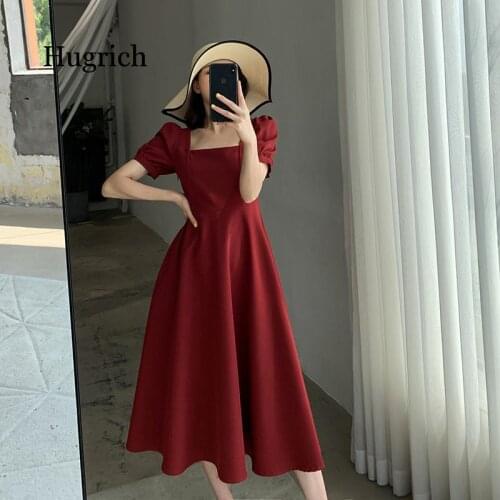 French Style Fashion Skirt Womens 2021 Summer New Square Neck Over The Knee Medium Length Small Black Dresses