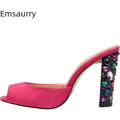 2021 Chic Colorful Diamond High Heel Sandals Women Sexy Peep Toe Luxury Suede Rhinestone Runway Mules Lady Summer