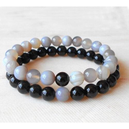 2Pcs/Set Couples Distance Bracelet Natural Stone Beaded Wrist Men Women Black Onyx Bracelet For His And Her