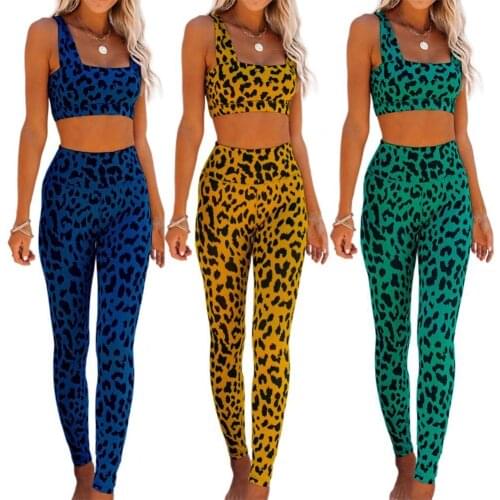2pcs/Set Outfits Women Yoga Set Leopard Print Sleeveless Short Crop Tops Skinny Leggings Pants Two Piece Set Women Yoga Suits