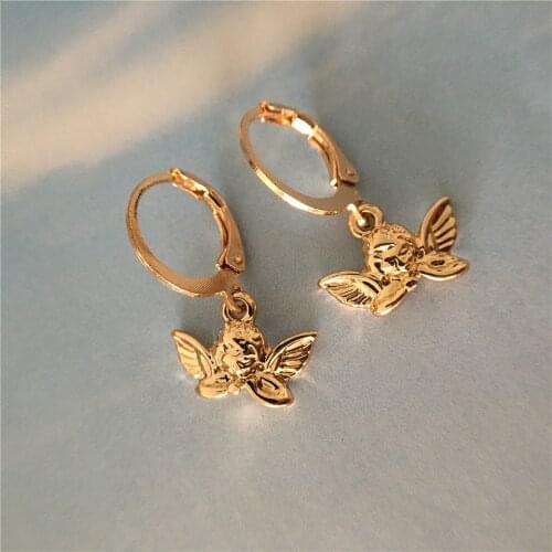 2021New Super Cute Gold Color Cherub Angel Charm Hoop Earrings For Women Girl Lovely Girly Pretty Dainty Tiny Childrens Jewelry