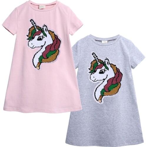 2021 Summer Baby Girls Clothes Variable Sequin Dress Princess Kids Unicorn Pattern Short Sleeve O-Neck Cotton A-Line Dresses