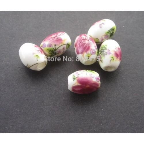 28Pieces Oval Ceramic Beads 10.4mm*8mm White with Hot Pink Flower for jewelry making