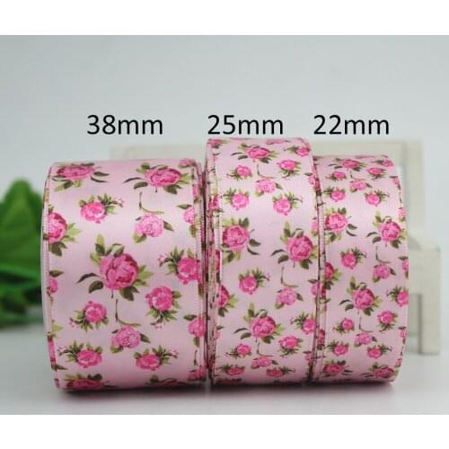 Rose printed satin ribbon flowers 22mm 25mm 38mm Gift Bow Craft Wedding Party Supplies Silk Sewing Accessories Fabric 25 yards