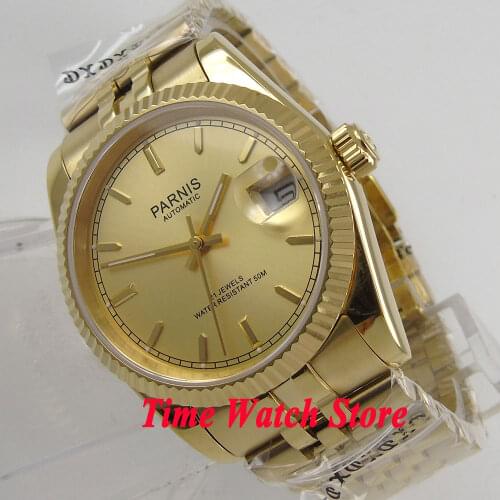 Parnis 36mm 5ATM Miyota 821A Automatic Mens watch men sapphire glass Luminous golden dial and marks date waterproof 786