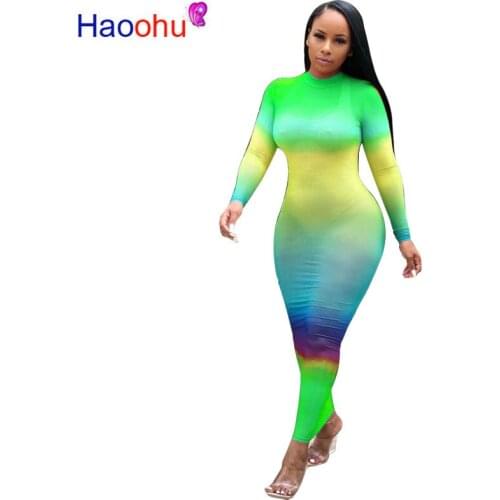 HAOOHU Gradient Long Sleeve Maxi Dress Women Mesh Sheer Bodycon Dresses Fall 2019 New Vestidos Robe Sexy Night Club Party Dress