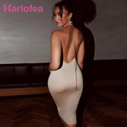 Karlofea Women Sexy Backless Midi Dress Chic Chain Halter Strap Bodycon Vestidos Clubwear Lady Date Nightclub Party Dress 2020