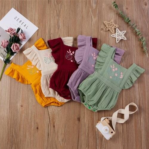 2021 0-18M Newborn Baby Girls Summer Romper Cute Floral Embroidery Ruffle Sleeve Soft Cotton Linen Clothes Jumpsuit Playsuit