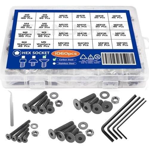 M2 M3 M4 M5 Flat Head Socket Cap Screws Carbon Steel Cap Bolts Nuts Washers Assortment Kit, Allen Socket Drive with Hex Wrenches