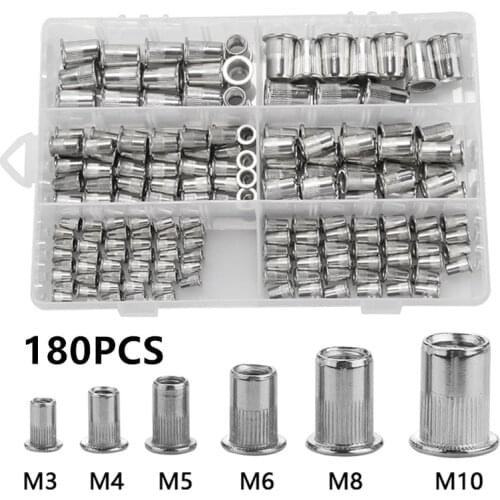 180PCS Stainless Steel Flat Head Rivet Nuts Set M3 M4 M5 M6 M8 M10 Insert Reveting Multi Size Stainless Steel Rivet Nut Set