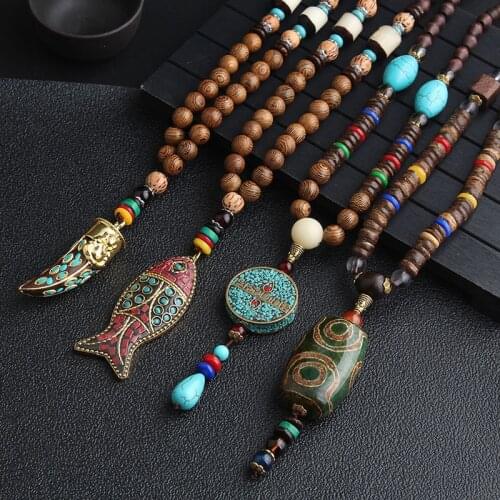 2020 New Ethnic Handmade Nepal Necklace Buddhist Mala Wood Beads Pendant & Necklace Ethnic Horn Fish Long Jewelry for Women Men
