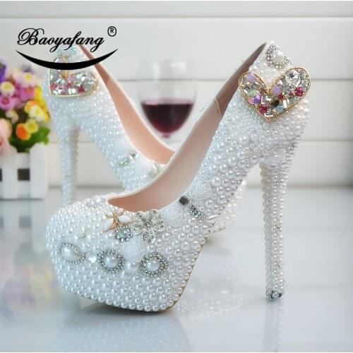 2019 New arrival Womens wedding shoes white pearl Bridal party dress shoes Colorful heart Woman High heels platform shoe