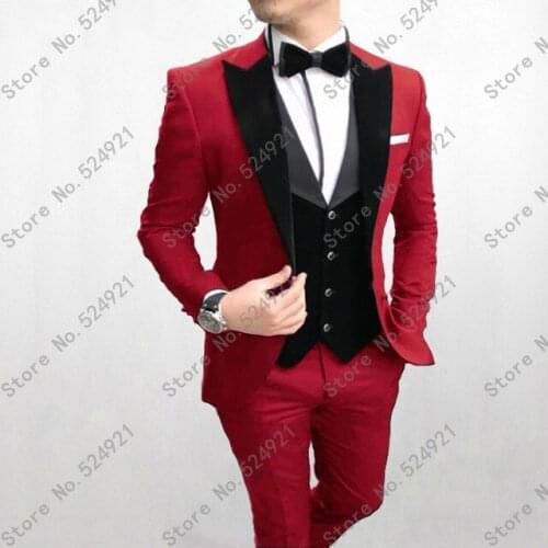 New Arrival Groomsmen Peak Velvet Lapel Groom Tuxedos Red+Black Men Suits Wedding Best Man (Jacket+Pants+Bow Tie+Vest) C629
