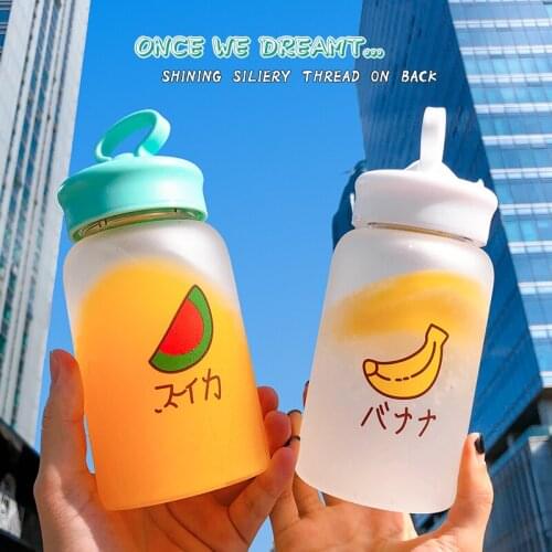 New Kawaii Fruit Frosted Glass Water Bottle Portable Cute Girl Students Kids Sports Bottles Creative Mobile Phone Bracket Cup