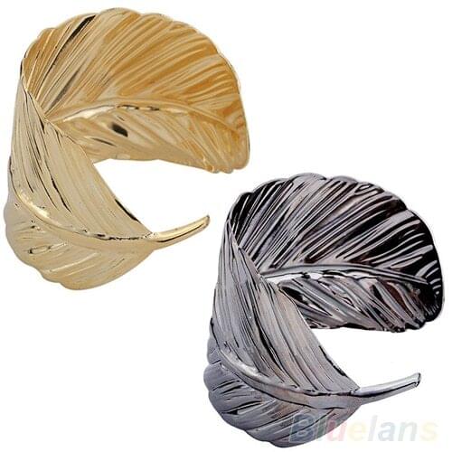 New Fashion Bangle Wide Cuff Opened Gold Metal Leaf Bracelet for Women 084U