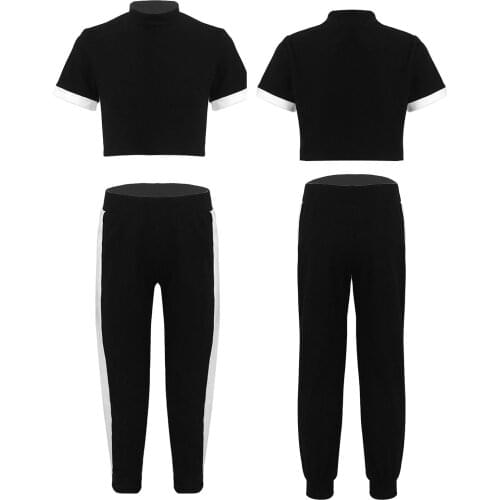 Girls Causal Outfits Solid Color Summer Tracksiut Short Sleeves Crop Top and Elastic Waistband Long Pants Sets for Kids Wotkout