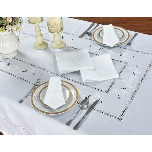 N0438 Hemstitched Embroidered Flower Rectangle White Table Cloth & 6 Napkins, Elegant Hollowed-out Design, Luxurious Wedding