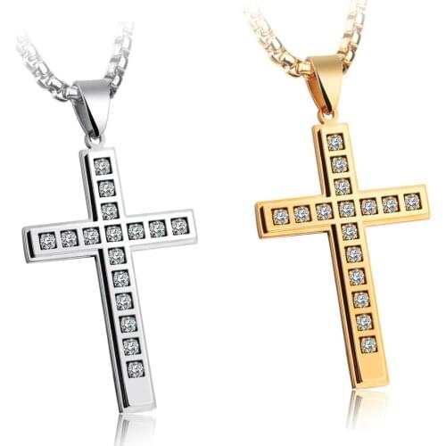 Christmas Gift 316L Stainless Steel Cross Crucifix Shiny Crystal Pendant Necklace Mens Womens Jewelry Free Box Chain Gift 24"