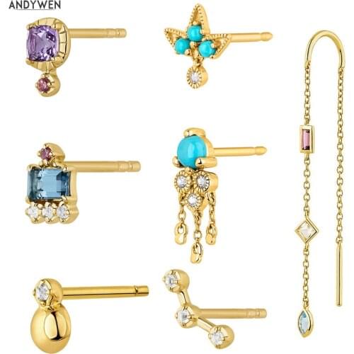 ANDYWEN 925 Sterling Silver Gold Chain Stud Earring Women Piercing Wedding Jewelry Pendiente Piedras Oro Motivo Clips Piercing