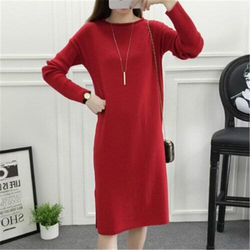 Pure cashmere knit women korean style open hem loose long sweater dress crimping Oneck S-2XL