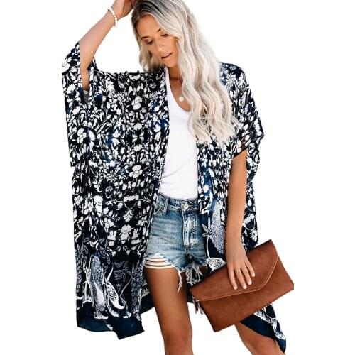 Blue/Black/White/Sky Blue Kimono Sleeve Floral Print Graceful Cover Up Women Casual Classic Open Front Styling Asymmetric Tops