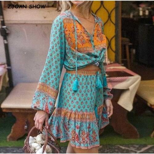 2020 Bohemian Lacing up Tassel Floral Shirt Sexy Women Elastic Waist Mini Short Skirt Long Sleeve Blouse Holiday 2 Pieces Set