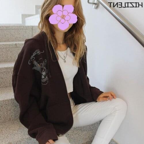 Women Y2k Hoodies Sweatshirt 2021 Autumn Gothic Brown Printed Zipper Up Oversized Jacket Cost Casual Loose Plus Size Pocket Coat