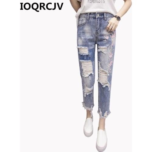 2019 Summer Autumn Women Jeans Embroidered Flowers Holes Jeans Female Casual Loose Slim Ripped Denim Pencil Cowboy Pants R471