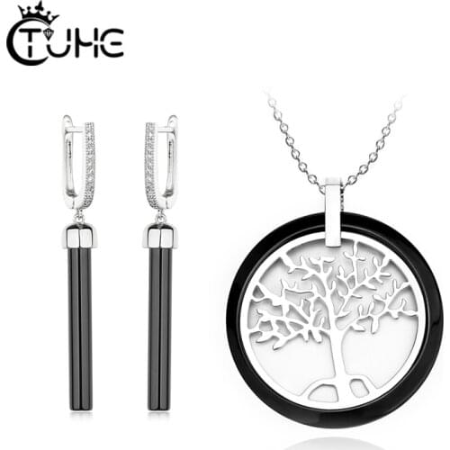 Tree Of Life Pendant Necklace With Long Drop Ceramic Earrings Jewelry Set For Women Fashion Style Party Wedding Engagement Gifts