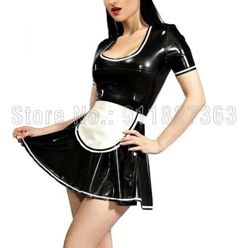 100% Natural Latex Dress Rubber Cosplay Kitchen Maid Black and White Ladies Skirt Dress Night Club Customized