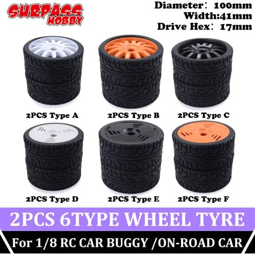 SURPASS HOBBY 2PCS 100MM Wheel Tires Monster Truck Tire Wheels 17mm Hub Hex Rubber Rocks Tyres for 1/8 RC Car Buggy on-road Car