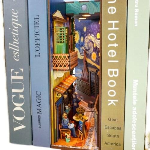 2021 DIY Book Nook Van Goghs World Model Wooden Bookend Book Shelf Insert Bookcase With Light Kit Crafts Toy for Children Gift