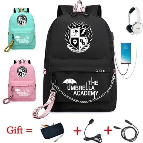 BPZMD The Umbrella academy Women Men USB Backpack Teenager School Bag Women USB Travel Rucksack Large Mochila Escolar With Chain
