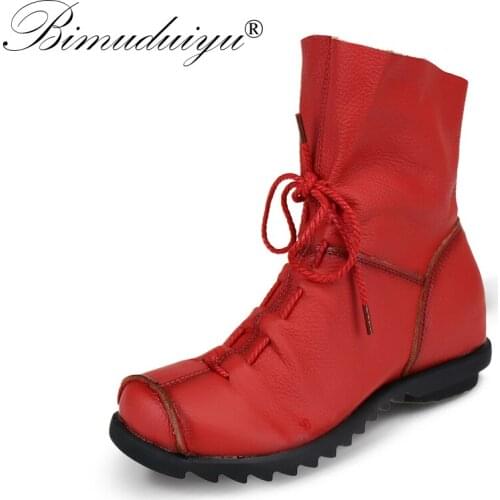 BIMUDUIYU Brand Vintage Genuine Leather Women Boots Flat Booties Soft Cowhide Womens Warm Winter Shoes Zip Ankle Boots