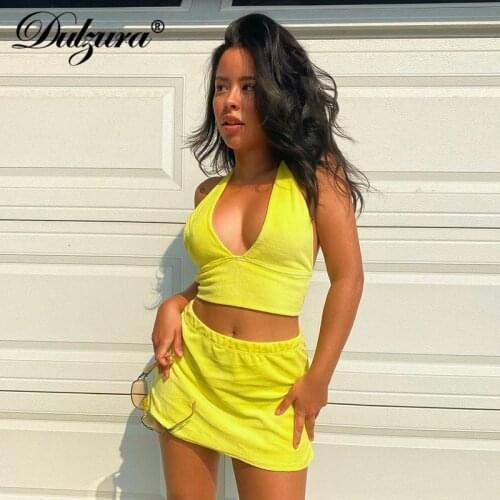Dulzura Velvet Women Solid 2 Piece Set Halter Crop Top Lace Up Mini Skirt Bodycon Sexy Streetwear Elegant Club 2021 Summer Party