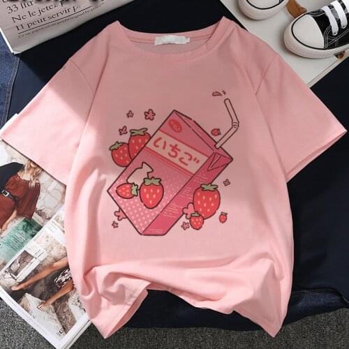Japan Strawberry Juice Graphic Print T-shirt Women 2020 New Summer Fashion Tshirt Tee Harajuku Aesthetic Pink Top Female T Shirt
