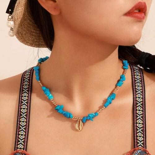HuaTang Blue Natural Stone Gold Beaded Choker Necklace for Women Adjustable Chain Shell Pendant Necklace Jewelry Collana D05503