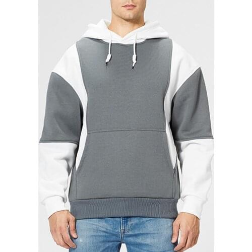 Men Hoodie Color Block Hooded Autumn Winter Patchwork Drawstring Large Pocket Sweatshirt Streetwear