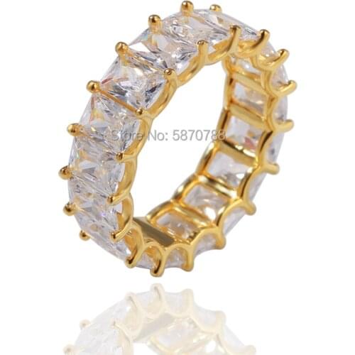 Hip Hop Jewelry Baguette Ring Gold Plated Silver Color Baguette Cubic Zirconia Ring For Men