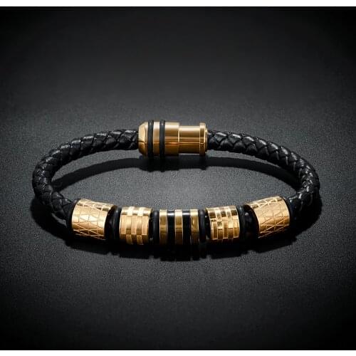 Punk Stainless Steel Bracelet Men Black Gold Accessories Charm Braided Leather Bracelet Magnet Clasp Bracelets Male Jewelry Gift