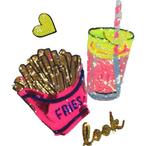 Lemon tea drink cup & French fries set parche Sequined patches for clothes applique fabric iron on patches parches para la ropa