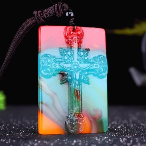 Natural Color Jade Jesus Cross Pendant Chinese Necklace Hand-Carved Charm Jadeite Jewellery Fashion Amulet for Men Women Gifts