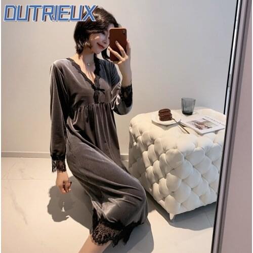 DUTRIEUX Winter Pajamas Womens V-neck Long-sleeve Lace Dress Elegant Velvet Sleepwear Lady Romantic Sexy Nightdress Nightgown