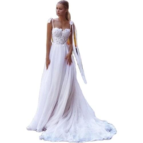 Beach Lace Wedding Dresses Boho Spaghetti Straps Bridal Gowns 2021 Appliques Backless Wedding Party Dress Custom Made