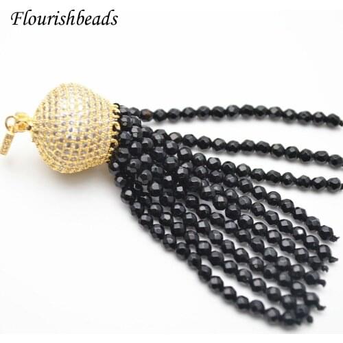 Paved CZ Beads Crown Metal Cap 3mm Faceted Black Onyx Agate Stone Round Beads Tasssel Pendant Fit Fashion Necklace Making