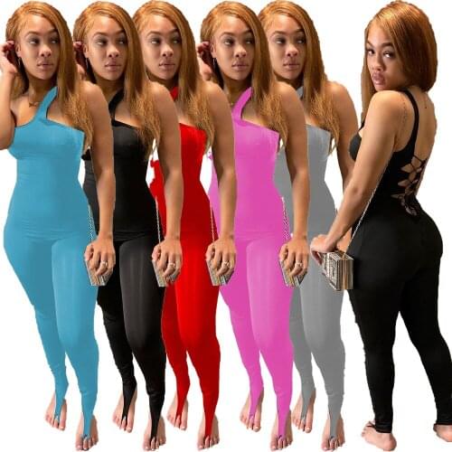 Sexy One Shoulder Long Jumpsuit Woman Tie Back Hollow out One Piece Club Outfit Sleeveless Asymmetric Long Jumpsuit Rompers
